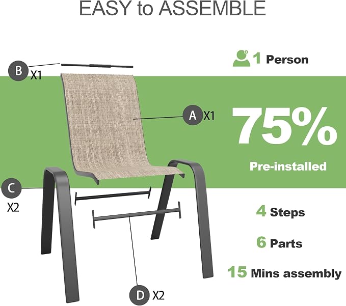 Outdoor Patio Chairs Set of 4 Stackable Dining Chairs All-Weather Textilene - Image 8