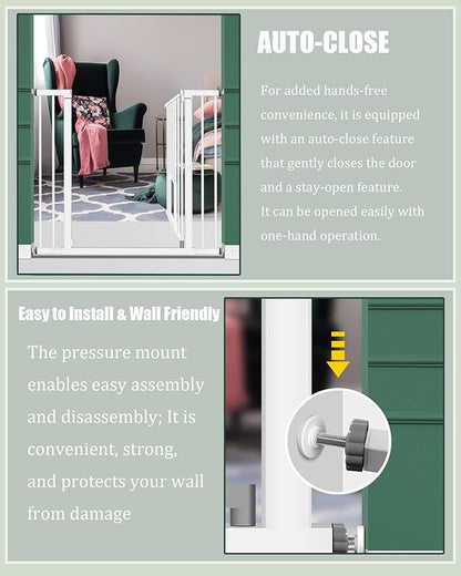 White Extra Wide Baby Gate with Pet Door Automatic Closing 29.5 to 46 Inches Adjustable Pressure Mounted for Doorway Stairs Includes 4 Wall Cups and 3 Extensions Pet Gate Baby Gate Dog Gate Cat Gate