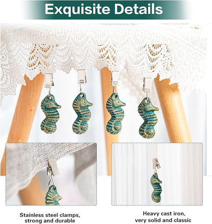 Sungmor Cast Iron Tablecloth Weights - 4 Pack Vintage Green Sea Horse Table Cloth Weights Clip On - Heavy Weights for Picnic Tablecloth, Outdoor Tables, Garden Flags, Curtains