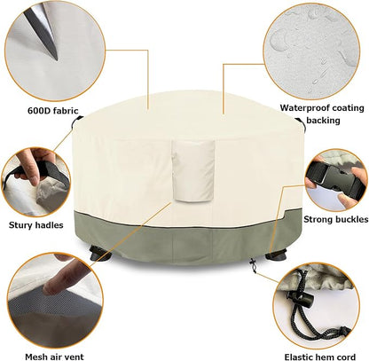 Fire Pit Cover,Outdoor Heavy Duty 600D 100% Waterproof Fire Pit Cover Round,Weatherproof Firepit Covers Round 44" Dia x 24" H,Beige