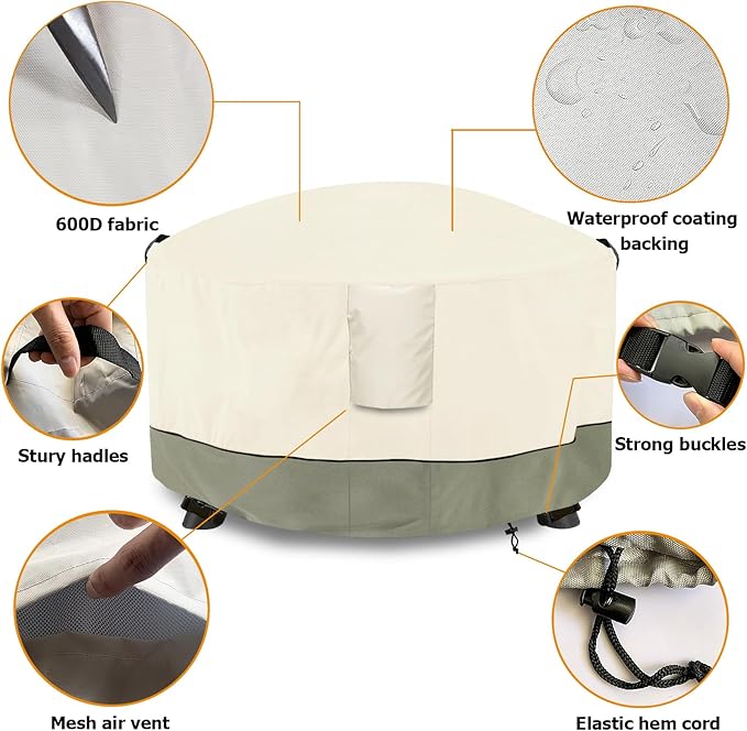 Fire Pit Cover,Outdoor Heavy Duty 600D 100% Waterproof Fire Pit Cover Round,Weatherproof Firepit Covers Round 34" Dia x 15" H,Beige