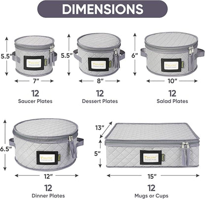 BALEINE China Storage Containers, Sturdy Quilted Wine Glass Storage, Plate Organizer with Carry Handles, Moving Boxes for Dishes, Cups, Mugs and Stemware (Plate Mug Combo, Soft Shell Grey)
