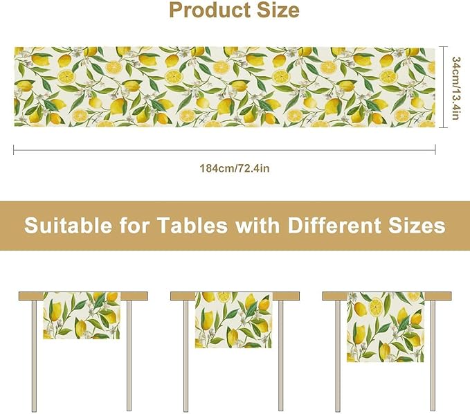 Lemon Table Runner, Summer Fruits Green Leaves Flower Plant Table Runner for Farmhouse Coffee Home Kitchen Dining Party Outdoor 13x36in