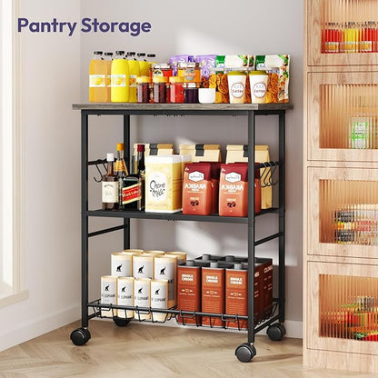 SWTYMIKI Rolling Kitchen Microwave Cart - 3 Tier Microwave Table Stand with Storage Basket and Hooks, Kitchen Utility Cart on Wheels, Coffee Cart Shelf Rack Organizer for Living Room Office, Balcony