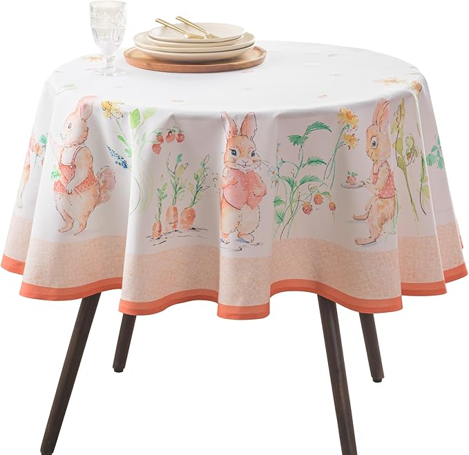 Maison d'Hermine Table Cloth Round Table 100% Cotton Tablecloth for Dining Room, Farmhouse, Home, Hotel, Parties & Wedding - Ideal for Easter Decorations Spring & Summer (Bunny Party, 63" Round)