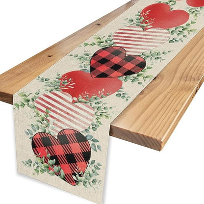 Valentines Day Table Runner,Vintage Rustic Sweet Heart Leaves Valentines Day Buffalo Plaid Runner for Table Seasonal Fresh Decor for Indoor Outdoor Dining Table Decorations, 13"x108"