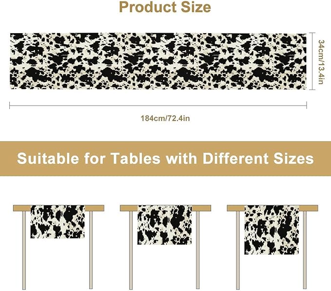 Cow Print Table Runner, Black White Animal Fur Skin Rustic Cowhide Pattern Table Runner for Kitchen Farmhouse Dining Home Outdoor Party 13x120in