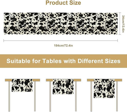 Cow Print Table Runner, Black White Animal Fur Skin Rustic Cowhide Pattern Table Runner for Kitchen Farmhouse Dining Home Outdoor Party 13x108in