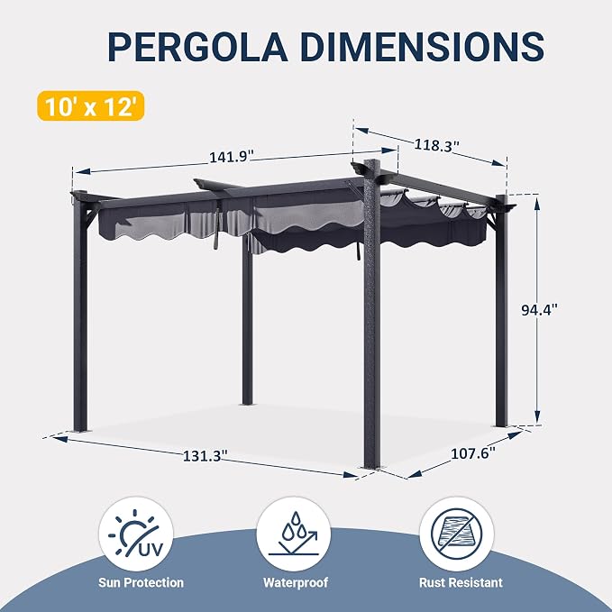 10'x12' Outdoor Pergola with Retractable Canopy | Patio Metal Heavy-Duty Gazebo - Image 2