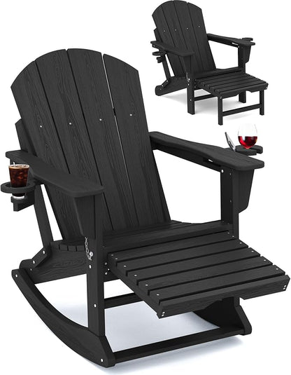 Adirondack Rocking Chair with Ottoman and Cup Holders | HDPE Porch Rocker by KINGYES