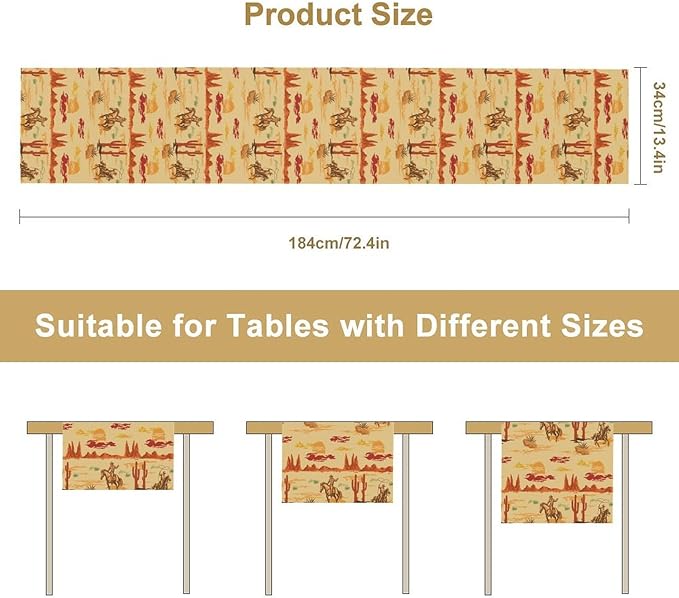 Western Cowboy Table Runner, Wild West Cowboy Ride Horse Desert Cactus Sunset Table Runner for Home Kitchen Dining Party Farmhouse Coffee Outdoor 13x120in