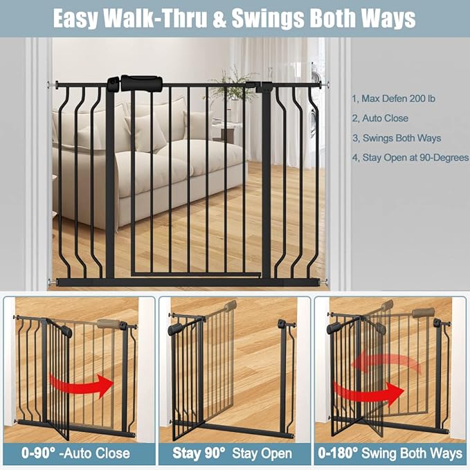 Extra Wide Baby Gate 71.6-76.37 Inch Black, Walk Through Pressure Mounted No Drill Long Large Tension Metal Gate for Dog and Toddler