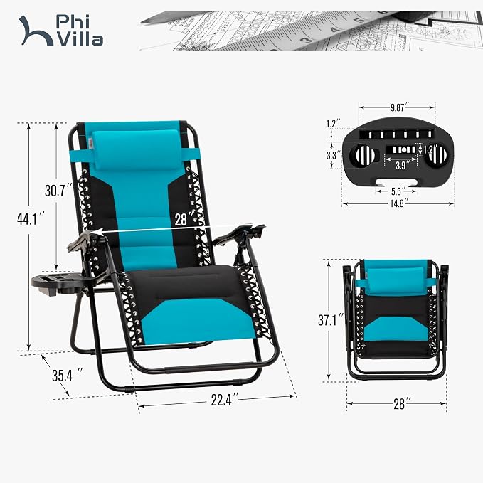 PHI VILLA Padded Zero Gravity Chair Set of 2, Cup Holder, 28in Seat, Aqua | - Image 3