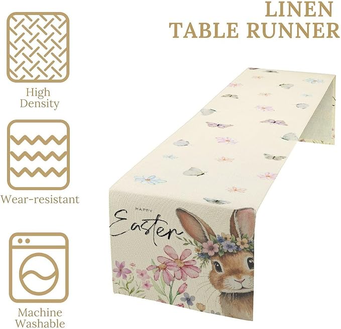 Easter Table Runner,Boho Floral Bunny Rabbit Butterflies Pink Blue Spring Easter Table Center Decor for Family Kitchen and Living Room Outdoor Farmhouse Party Table Decorations, 13"x90"