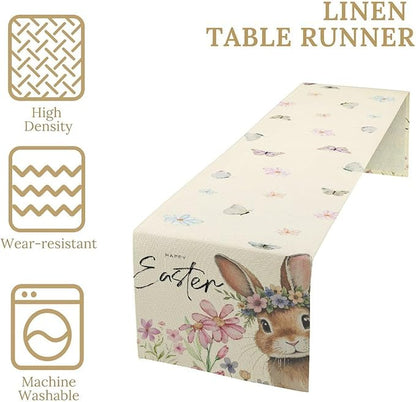 Easter Table Runner,Boho Floral Bunny Rabbit Butterflies Pink Blue Spring Easter Table Center Decor for Family Kitchen and Living Room Outdoor Farmhouse Party Table Decorations, 13"x72"