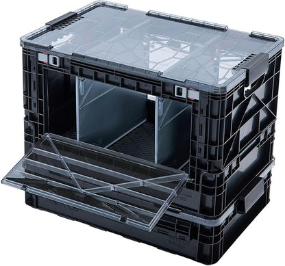 SIDIO Full-Size Collapsible Crate - Heavy Duty Stackable Storage Bin with Lid & 2 Short-Ways Dividers, Durable Plastic Organizer for Home, Office, Garage & Outdoor Use (Smoke)