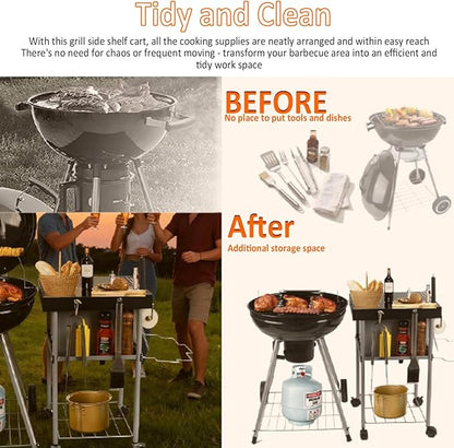 Grill Cart Table Accessories Outdoor Grilling Side Tables for 18"/22" Weber Charcoal Kettle Grills Rolling Prep Stand with Wheels Mesh Storage Racks Perfect for BBQ Camping Home Party
