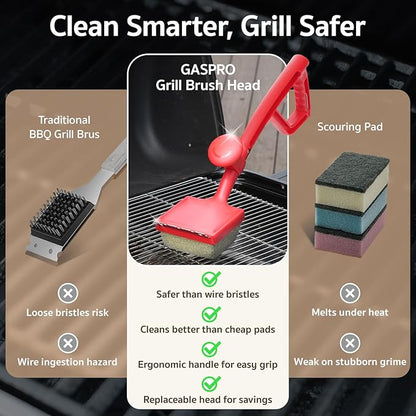 GASPRO Steam Grill Brush Bristle Free for Outdoor Grill, BBQ Grill Cleaning Brush with Replaceable Scrub Sponge Head & Scraper, Ergonomic Handle, Safe for Stainless Steel, Cast Iron & Porcelain Grate