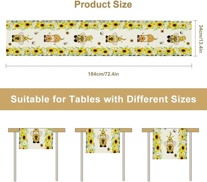 Summer Sunflower Gnome Table Runner, Buffalo Plaid Bee Farmhouse Seasonal Table Decoration for Outdoor Home Party Kitchen Dining Holiday 13x90in