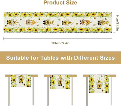 Summer Sunflower Gnome Table Runner, Buffalo Plaid Bee Farmhouse Seasonal Table Decoration for Outdoor Home Party Kitchen Dining Holiday 13x120in