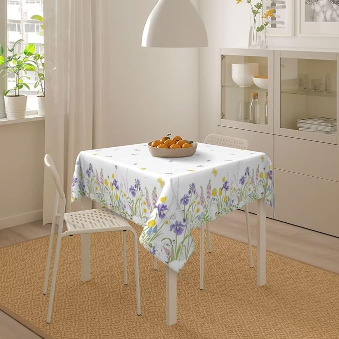 Spring Easter Tablecloth 60 x 60 Inch Square, Bunny Colorful Flower Butterfly Decorative Tablecloths Stain Resistance Polyester Rabbit Floral Table Cloth for Holiday Parties Kitchen Dining