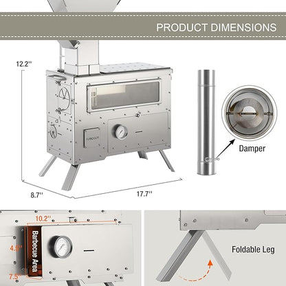 Wood Burning Stove with Oven - Portable Pellet Stove with Chimney Pipes, 304 Stainless Steel Outdoor Hot Tent Camping Stove for Winter, Hunting, Cooking, Hiking,Compatible with Wood/Pellets