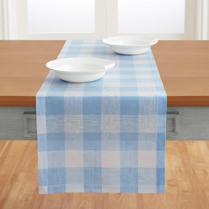 Solino Home Linen Checkered Table Runners 90 Inches Long - 100% Pure Linen Blue Bell Buffalo Check Table Runner 14 x 90 Inch Ideal for Dining, Spring, Easter, Winter