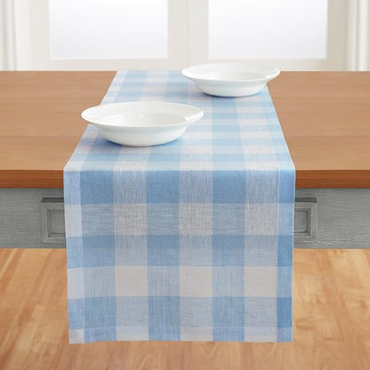 Solino Home Linen Checkered Table Runner 120 Inches Long - 100% Pure Linen Blue Bell Buffalo Check Table Runner 14 x 120 Inch Ideal for Dining, Spring, Easter, Winter