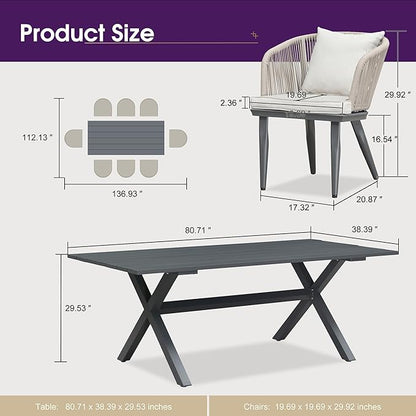 PURPLE LEAF 9 Pieces Patio Dining Set Wicker Outdoor Furniture Rectangular Table and Chairs Set for Garden Deck Aluminum Frame Backyard Kitchen Set, Cushions and Pillows Included Taupe
