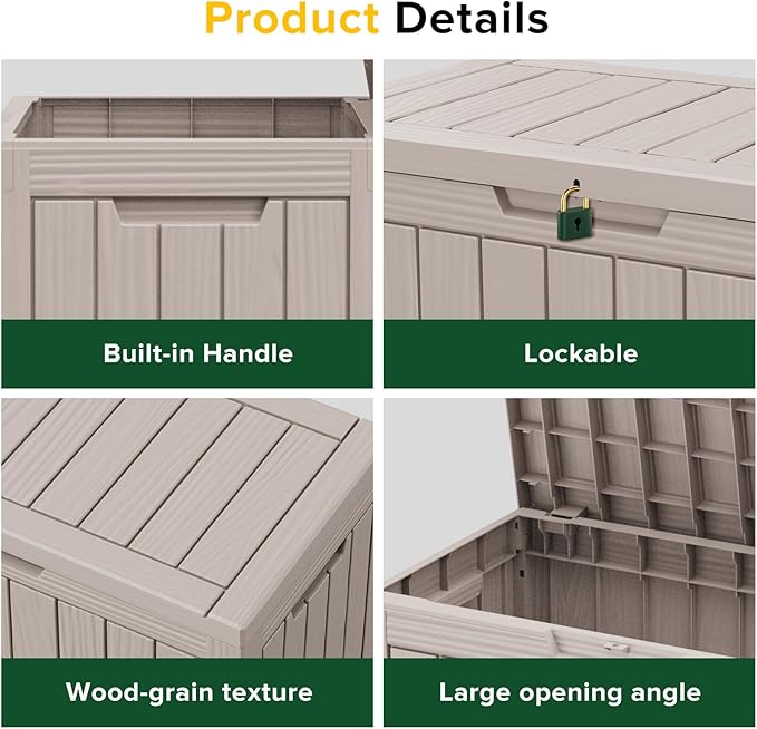 45 Gallon Large Deck Box,Resin Outdoor Storage Box with Lockable for Patio Furniture, Pool Accessories, Garden Tools Waterproof Outside Storage Box, Grey
