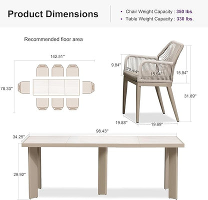 PURPLE LEAF 9 Pieces Patio Dining Set Aluminum Modern Rectangular Table and Rattan Arm Chairs with Cushions for Kitchen Porch Garden Outdoor Furniture Sets, Champagne