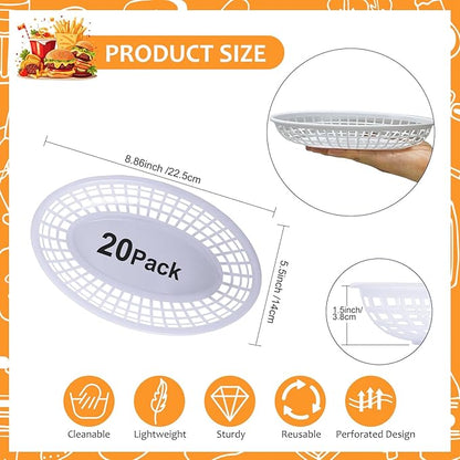 20 Pack Plastic Fast Food Baskets, 8.8" × 5.5" Small Oval Restaurant Serving Baskets Tray for Burgers, Sandwiches, Hot Dogs, Parties, Food Trucks, Reusable or Disposable, Stackable(White)