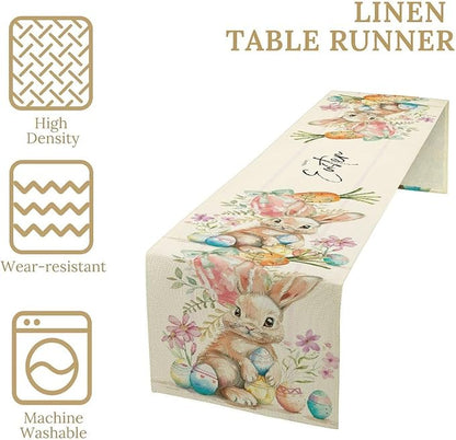 Easter Bunny Table Runner,Rustic Watercolor Bunnies Easter Eggs Carrots Floral Seasonal Table Center Decor for Family Kitchen Living Room Outdoor Farmhouse Party Table Decorations, 13"x36"