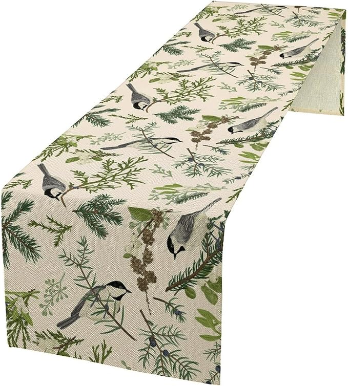 Bird Spring Table Runner,Vintage Watercolor Perching Birds Green Pine Branches Table Runner for Kitchen Dining Table Holiday Indoor Outdoor Home Party Decor 13x60in