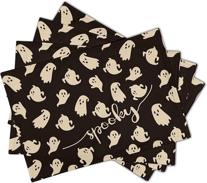 Giwawa Halloween Placemats Set of 4, 12x18 Inch Spooky Gothic Ghosts Black Place Mat for Kitchen Dining, Holiday Double Sided Heat Resistant Table Mats for Tabletop Party Indoor Outdoor Decor