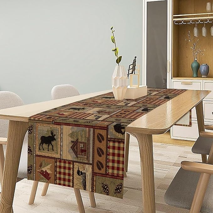 Rustic Deer Bear Table Runner, Vintage Bear Country Cabin Farmhouse Table Runner for Home Kitchen Dining Table Decoration 13x120in