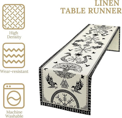 Viking Tree of Life Table Runner, Raven Helmet of Awe Seasonal Table Runner for Kitchen Dining Home Party 13x70in