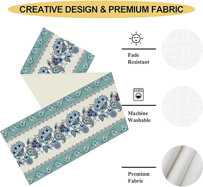 Paisley Table Runner, Vintage Teal Damask Floral Flower Boho Antique Damask Swirled Pattern Rustic Coffee Table Center Decor for Family Kitchen and Living Room Outdoor Table Decorations, 13"x90"