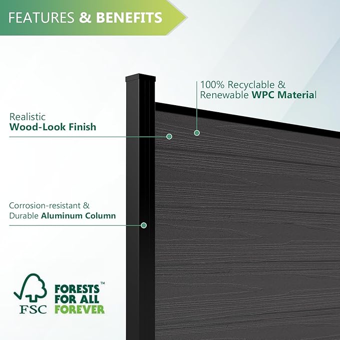Mondaria Fence Privacy Screen with 8ft In-ground Posts, 6ft(H) x12ft(W) Wood Plastic Composite Fence Panels Weather-Resistant Outdoor Fence for Backyard/Garden (Silver Gray, 3 Posts)