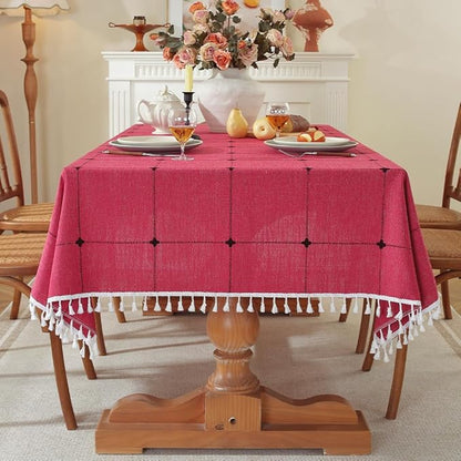 Pahajim Rustic Linen Tablecloth Cotton Rectangle Table Cloth for Kitchen Dining with Tassel Plaid Waterproof Tablecloths Rectangle/Oblong,55''x94'', 6-8 Seats