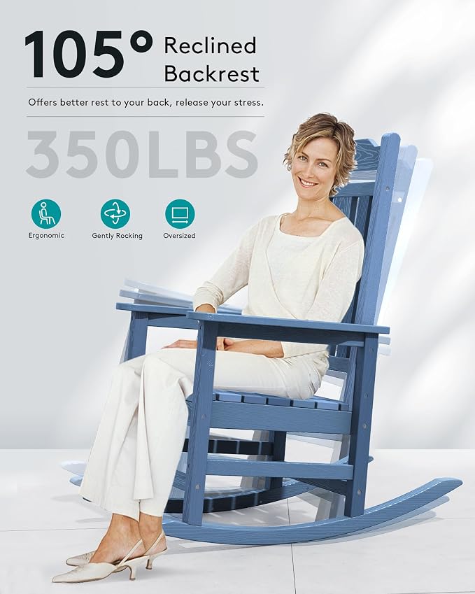 SERWALL Outdoor Rocking Chairs Set of 2, Oversized Patio Rocker Unique Blue | - Image 3