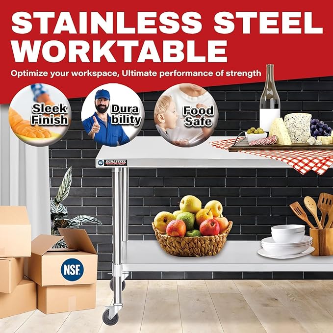 DuraSteel 30x60 NSF Stainless Steel Cart Work Table - Heavy Duty Rolling Food Prep Table Countertop Island - Metal Utility Cart on Wheels Caster, Grill Stand Storage Outdoor Kitchen Tables Bar Top
