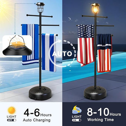 Solar Light Pool Towel Rack with Wheels – 63" Tall Adjustable Outdoor Towel Rack for Patio, Bathroom, Hot Tub