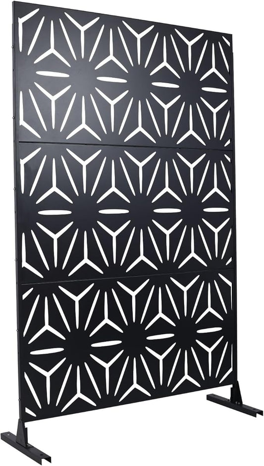 Outdoor Privacy Screen, 76" H x 48" W Decorative Metal Panel, Steel Privacy Divider with Freestanding Base, Ideal for Garden, Patio, or Balcony, Black