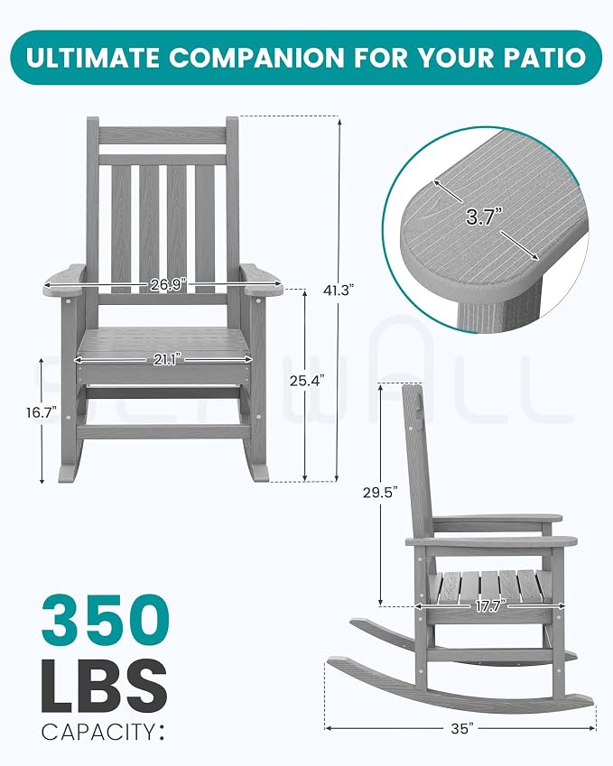 SERWALL Outdoor Rocking Chair Set of 4, Sliver Gray | 21.1" Widened Seat adds - Image 2