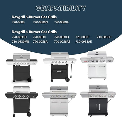 Grill Parts for Nexgrill replacement parts 5 Burner 720-0888 720-0888N 720-0888A,Cast Iron Cooking Grate,Heat Shield,Burner Kit for Nexgrill replacement parts 4 Burner 720-0830 720-0830H Grill Grates