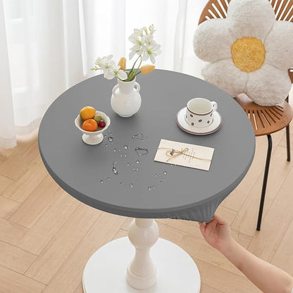 Round Fitted PU Tablecloth with High Elastic Edge 51 Inch Dia Waterproof Oil Proof Table Cloth Anti-Scald Stain-Resistant Wipeable Table Cover for Indoor Outdoor Picnic (Light Grey,51" Dia)