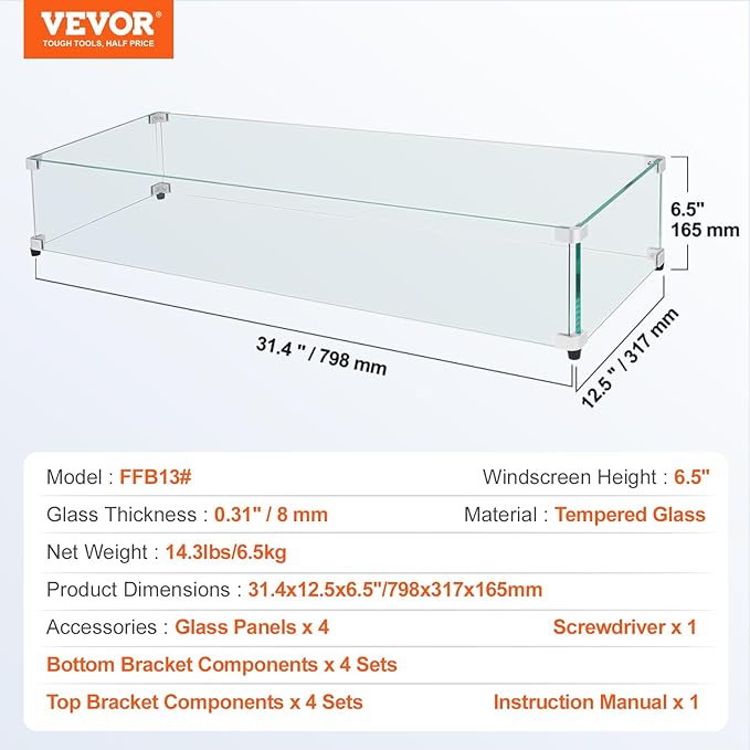 Glass Wind Guard for Rectangular Fire Pit Table 31 x 12.5 x 6.5 Inch, 0.31 inch Thick and Sturdy Tempered Glass Panel with Hard Aluminum Corner Bracket & Rubber Feet, Easy to Assemble