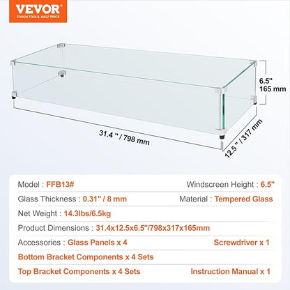 Glass Wind Guard for Rectangular Fire Pit Table 31 x 12.5 x 6.5 Inch, 0.31 inch Thick and Sturdy Tempered Glass Panel with Hard Aluminum Corner Bracket & Rubber Feet, Easy to Assemble