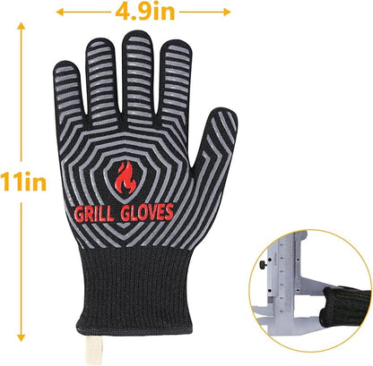 QUWIN BBQ Gloves, Oven Gloves, 1472℉ Extreme Heat Resistant,Grilling Gloves Silicone Non-Slip Oven Mitts, Kitchen Gloves for BBQ, Grilling, Cooking, Baking-1 Pair… (Black, One Size Fits Most)